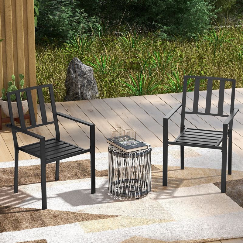 Outsunny Slatted Design Patio Dining Chairs, Set of 2 Stackable Garden Chairs, Black, 2 of 7