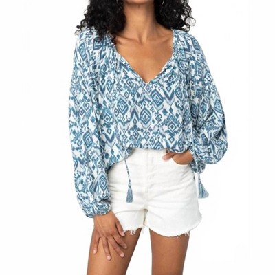 Women's Geo Print Bishop Long Sleeve Split Neck Blouse - LOVESTITCH