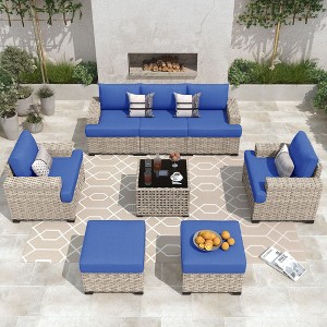 XIZZI All-Weather Rattan Furniture, Sectional Sets w/ Optional Solar Light-Up Coffee Table & Ottoman, Choose 6-9pc Configs in 8 Fade Resistant Colors - 1 of 4
