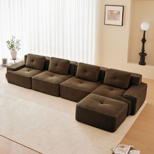 153" Modern L-Shaped Modular Sectional Sofa for Living Room, Corduroy Fabric, 4-Seater Couch with Deep Seat and Movable Ottoman,Camel - 1 of 4