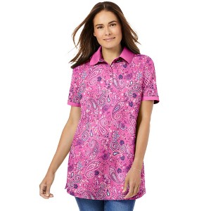 Woman Within Women's Plus Size Perfect Printed Short-Sleeve Polo Shirt - 1 of 4