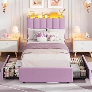 TackView Bed Frame with Storage Headboard,Boucle Upholstered Platform Bed with 2 Drawers, Chic Wavy Headboard with Bookcase, No Box Spring Needed - 1 of 4