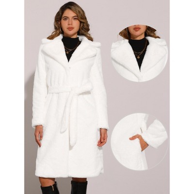 Allegra K Women's Faux Fur Winter Warm Belted Fluffy Jackets Overcoat Outerwear Medium White — фото 2