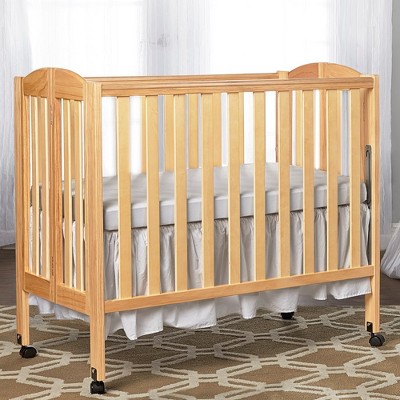 Natural Pine Convertible Folding Portable Crib with Locking Wheels