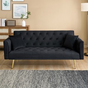 71'' Velvet 2-Seater Convertible Sofa with Pillows, Golden Metal Legs and American Retro Design - 1 of 4
