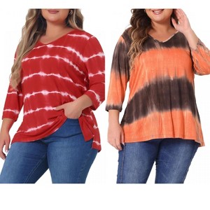 Women's Plus Size 2 Pieces Tie Dye Side Slit 3/4 Sleeve V Neck Casual Stripe Blouse - Agnes Orinda - 1 of 4