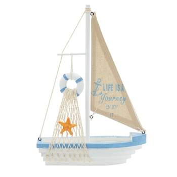 Juvale Enjoy It Wooden Sailboat Model with Flag, Net, Starfish, and Floating Tube for Nautical Home and Bathroom Boat Decor, Shelf, 13x8x3 In