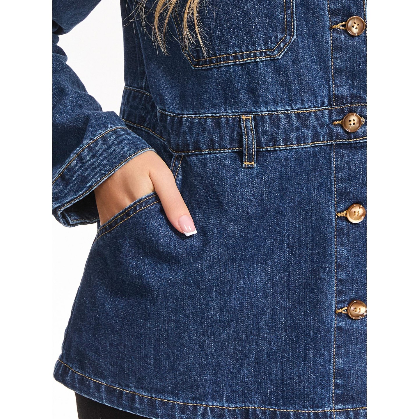 Женская куртка INSPIRE CHIC Denim Distressed Button Down Long Sleeve Jean Jacket Large Dark Blue, цвет: Джинсовый — фото 5