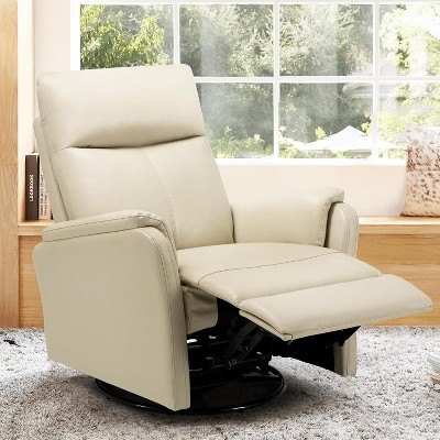 Swivel Rocking Recliner - Leather, Footrest, Ergonomic High Back, Wide Seat Cushion, Metal Base – Ideal for Living Room, Nursery, Office.