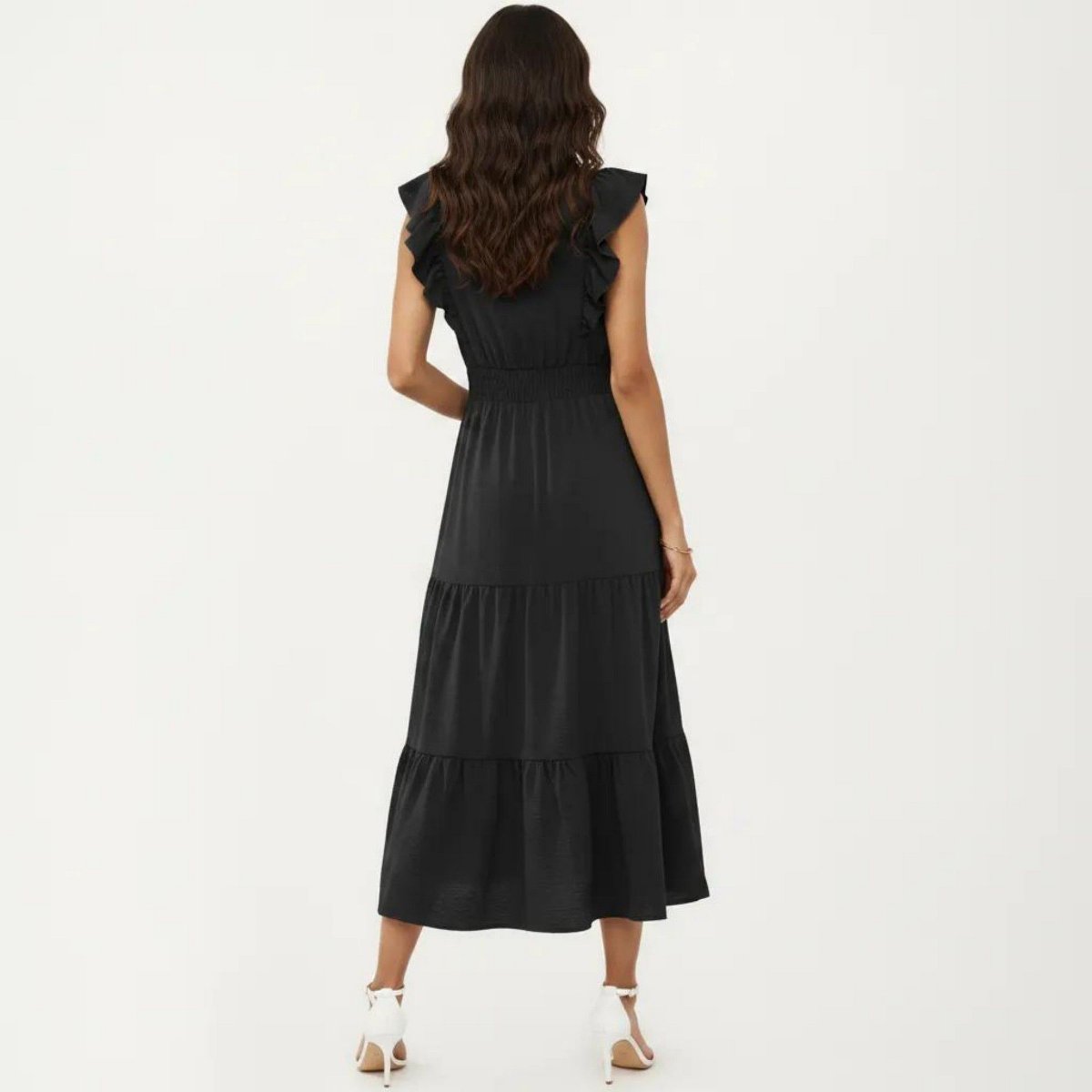Женские платья Anna-Kaci Women's Tiered Midi Dress with Ruffle Sleeves and Smocked Waist - Small, Black — фото 3