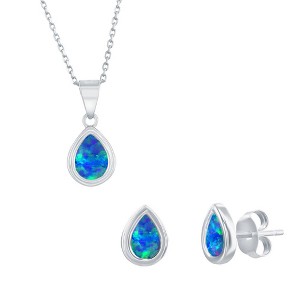 Opalata Sterling Silver, Pearshaped Opal 18" Pendant Necklace & Earrings Set - Blue - 16+2 Inch - 1 of 4