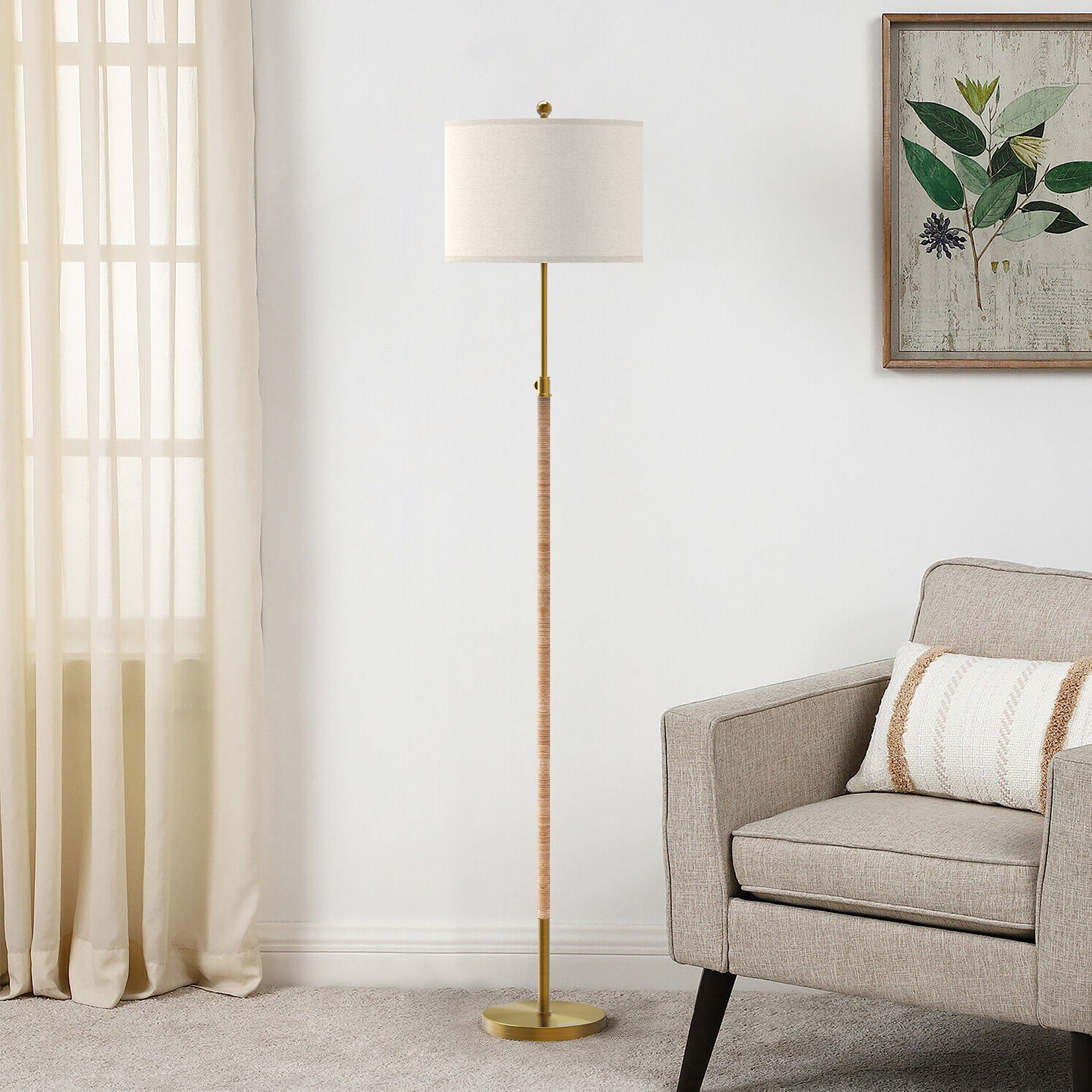 Maxax Farmhouse Rattan Floor Lamp，Boho Gold Adjustable Height Standing Lamp with Oatmeal Shade for Bedroom Office Living Room