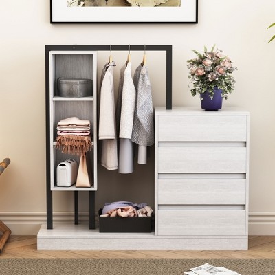 TIRAMISUBEST Open Style Bedroom Storage Wardrobe with 4 Drawers, Modern Armoire Closet Coat Rack with Storage Shelves