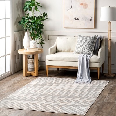 Beige and White Geometric Washable Round Area Rug