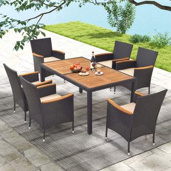 Costway 7 PCS Outdoor Dining Set for 6 with Umbrella Hole Acacia Wood Tabletop Poolside Brown & Natural