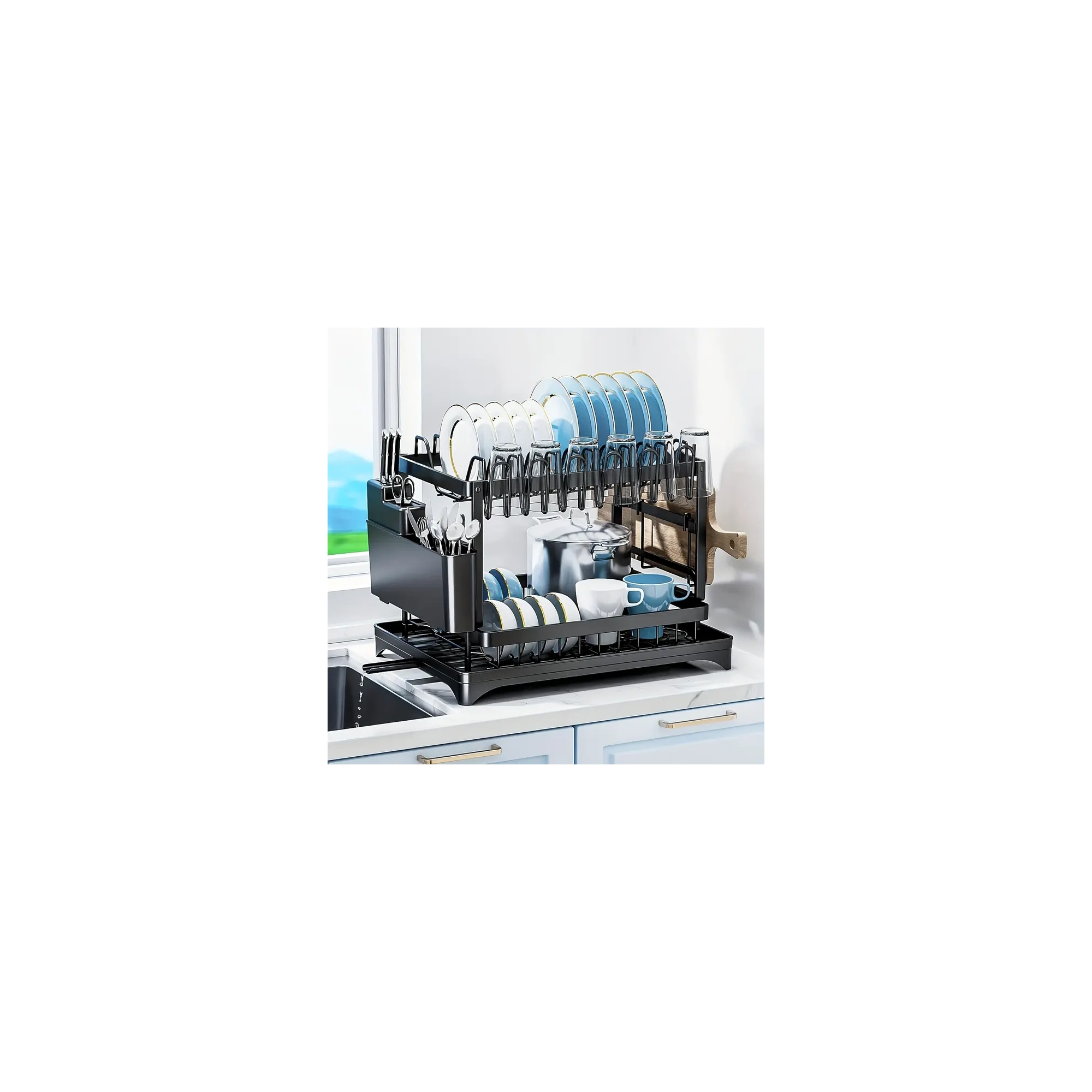 Fortune Candy 11.41'' Tall 2 Tier Dish Drying Rack, Large apacity, Black