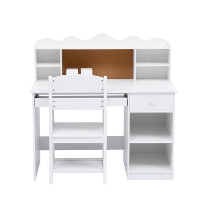 White Wooden Kids Desk & Chair Set with Storage Shelf, Bulletin Board, Keyboard Stand and Pen Holder for Children, Boys and Girls