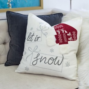 YOOCOZZ Christmas Trendy Decor, Let It Snow Christmas Throw Pillow – 20x20" Square Cotton Cushion with Red & Green Knit Hat Design and Insert - 1 of 4