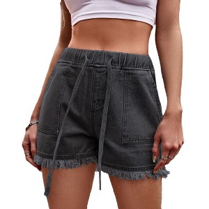 Womens Ripped Cuff Denim Shorts Summer Casual Shorts with Drawstring Elastic Wasit Lightweight Denim Shorts with Pockets - 1 of 4