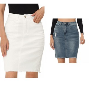 INSPIRE CHIC Women's Basic Distressed High Waist Ripped Hem Washed Jeans Skirt 2 Packs - 1 of 4