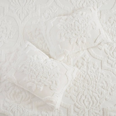 White Tufted Cotton Chenille Damask King Duvet Set