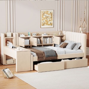 KIGFTSOD Twin Size Upholstered Daybed with Drawers, Shelves, Flip Cabinets & Side Table,Beige - 1 of 4