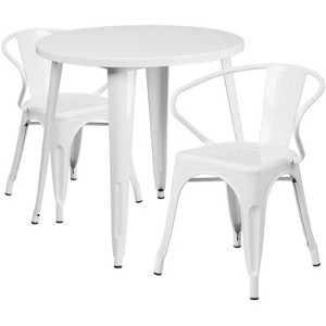 Emma and Oliver Commercial 30" Round White Metal Indoor-Outdoor Table Set with 2 Arm Chairs - 1 of 4