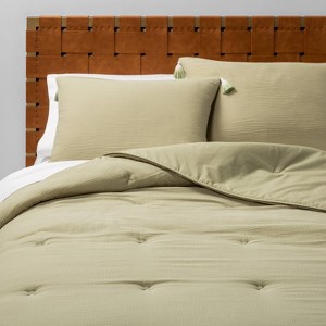 Twin/Twin XL Solid Cotton Gauze Tasseled Comforter Set Sage - Opalhouse , Green