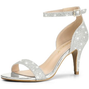 Allegra K Women's Glitter Open Toe Ankle Buckle Strap Stiletto Heel Sandals - 1 of 4
