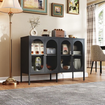 HDZNVF Sideboard Cabinet with 4 Glass Door, Black