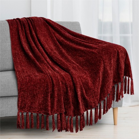 PAVILIA Chenille Throw Blanket with Woven Knitted Tassel Fringe for Couch Living Room Decor and Bed Red Throw 50x60