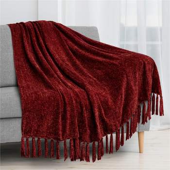 PAVILIA Chenille Throw Blanket with Woven Knitted Tassel Fringe for Couch, Living Room Decor and Bed