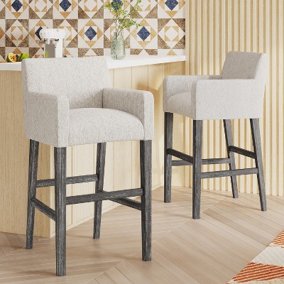 Light Gray Upholstered Wood Barstools with Armrests, Set of 2