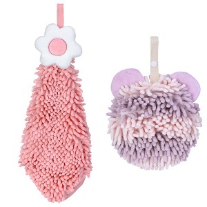 REGALWOVEN Soft Absorbent Cute Fuzzy Hanging Decorative Bathroom Chenille Hand Towel 6" x 15"/7" x 7" 2 Packs - 1 of 4
