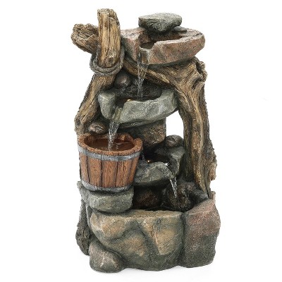 Luxenhome Resin Stacked Rock Wall And Barrel Outdoor Fountain With ...