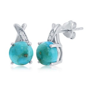 Bella Silver Sterling Silver Round Turquoise w/ White Topaz Earrings - Blue - 1 of 2