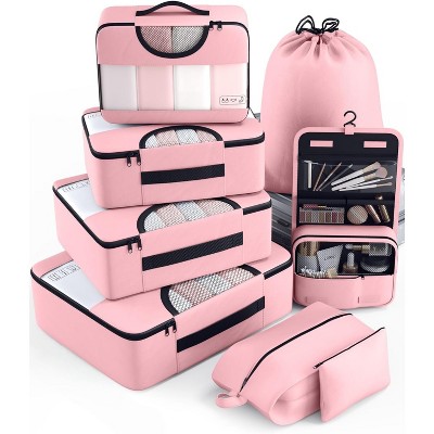 Attop 8-Piece Pink Luggage Organizer Set, 4 Sizes, Carry-On Accessories with Large Laundry Bag and Hanging Toiletry Bag, Travel Essentials