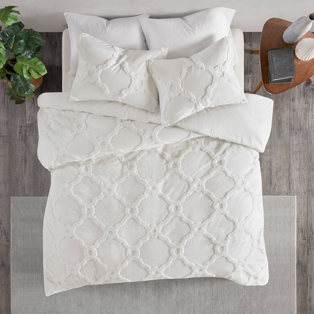Photos - Bed Linen 3pc Full/Queen Leena Cotton Geometric Duvet Cover Set White