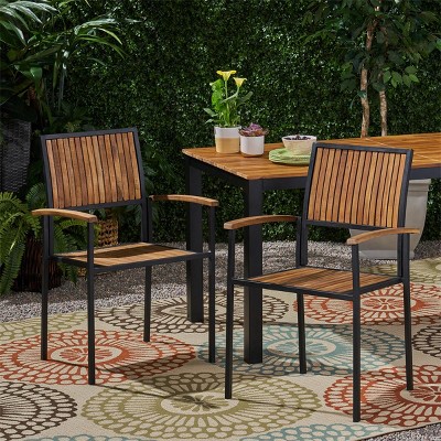 Modern Acacia Wood Patio Dining Chair Set of 2,Outdoor Armest Dining Chair with Metal Legs for Garden Backyard -Tanpinhause