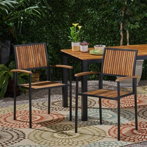 Modern Acacia Wood Patio Dining Chair Set of 2,Outdoor Armest Dining Chair with Metal Legs for Garden Backyard -Tanpinhause - 1 of 4