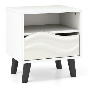 Resenkos Mid-Century Modern Nightstand - 3D Wavy Pattern + Open Shelf, Fashionable Versatile Side Table for Living Room, White - 1 of 4