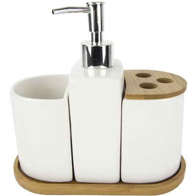 Home Basics 4 Piece Ceramic Bath Accessory Set with Bamboo Accents