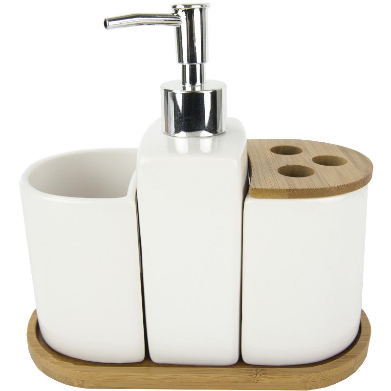 Home Basics 4 Piece Ceramic Bath Accessory Set with Bamboo Accents, 1 of 4