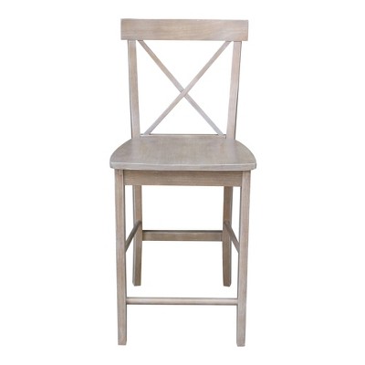 Washed Gray Taupe X-Back Solid Wood Counter Stool
