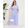 Women's Plus Size V Neck Ruffle Sleeve Belted Wide Leg Pants Summer Casual Long Jumpsuit Rompers - 3 of 4