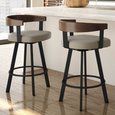 Greige Faux Leather Swivel Barstool with Black Metal and Brown Wood