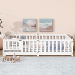 Twin Floor Bed with Fence and Door, Wood Montessori Toddler Bed for Kids, Low Platform Safety Guardrails for Transition-Baofuwish - 1 of 4