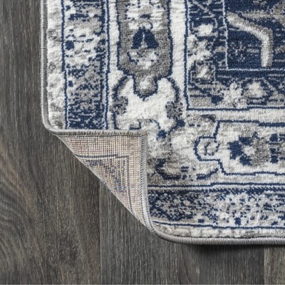 Light Grey and Navy Round Synthetic Persian Medallion Rug