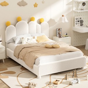 Docred Boucle bed frame Child Wood Upholstered Bed Frame with Adjustable Headboard Standard Crib Size Toddler Fabric Modern Platform Bed - 1 of 4
