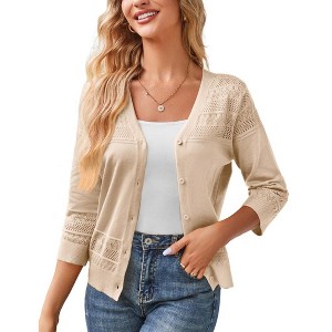 Women's 3/4 Sleeve Sweater Shrugs Crochet Cropped Sweater Cardigan Button Down Ribbed Cuff Lightweight Sweater with Birdeye Knit Detail - 1 of 4